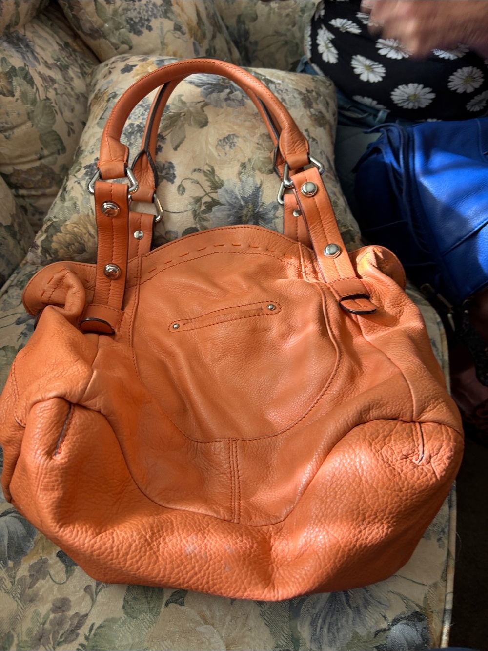 b. makowsky Orange Pebbled Leather Bucket Bag with Printed Lining